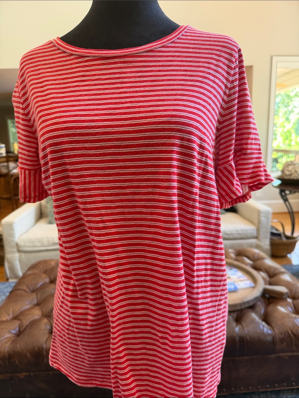 MICHAEL Michael Kors Red and White Striped Ruffled Short Sleeve Tee